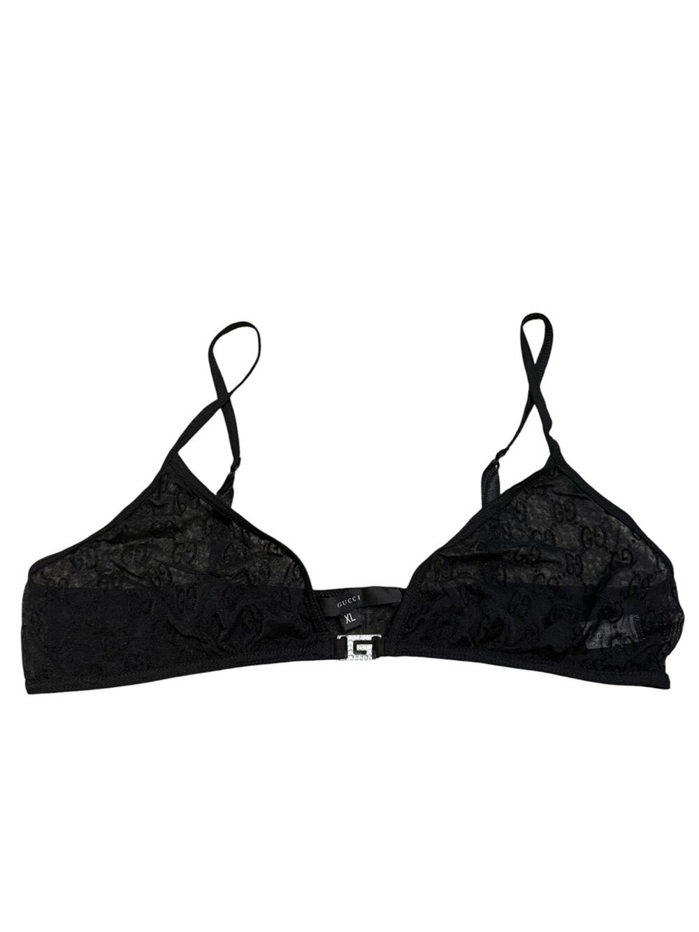 Vintage 1998 Tom Ford Gucci GG Monogram Rhinestone Black Sheer Lace Bra XL